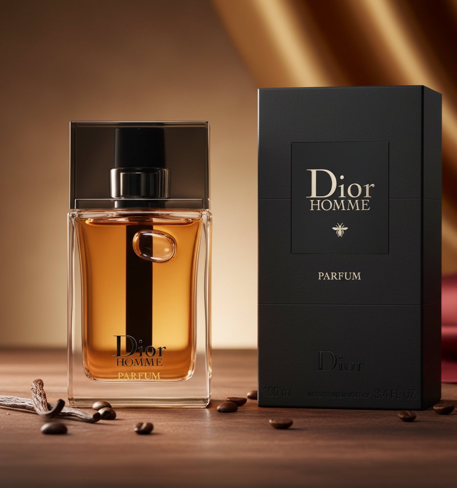 Dior Homme parfum bottle and packaging on a wooden surface with a warm background